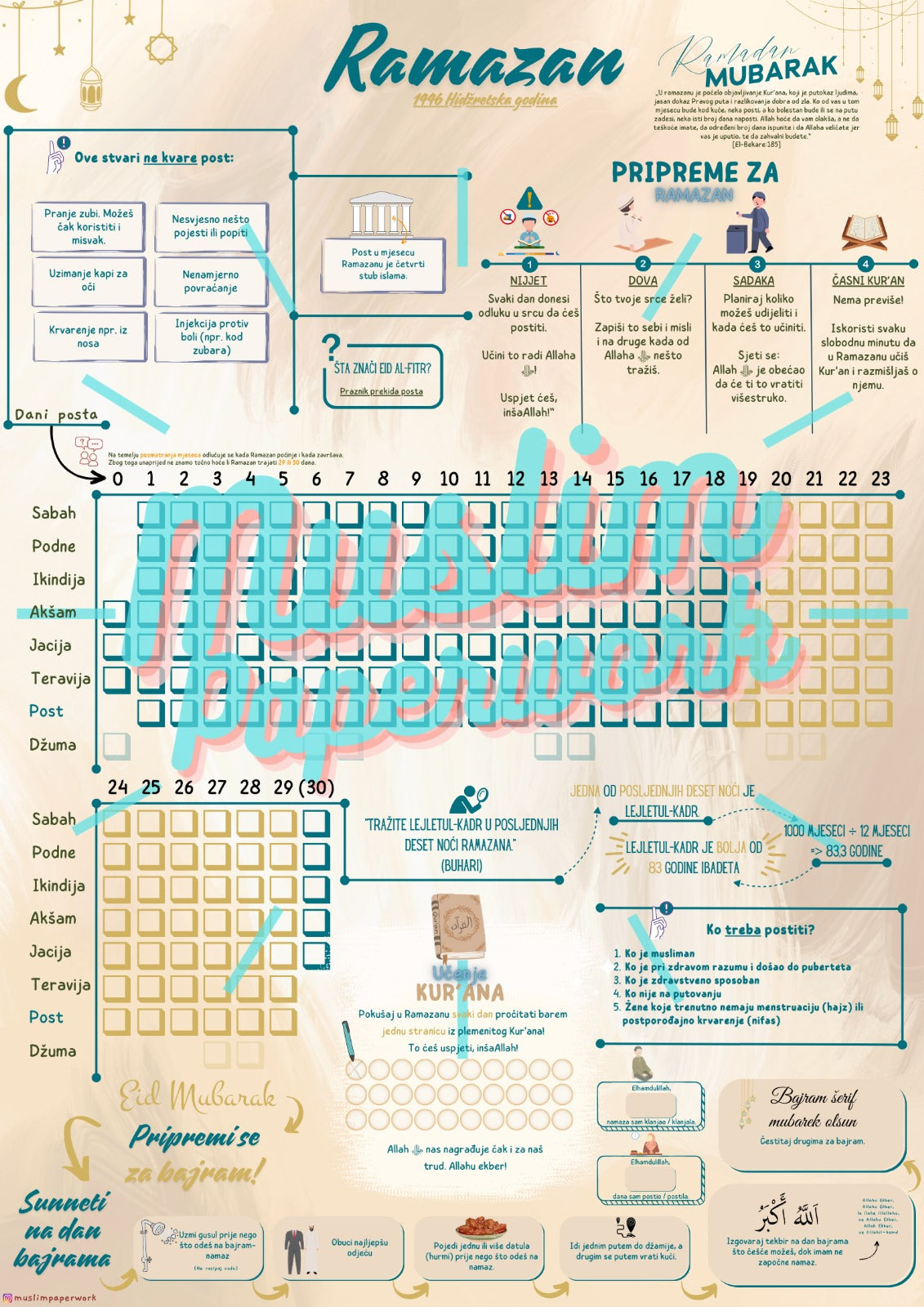 Ramadan-Poster auf Bosnisch | Gebets- und Fastentracker | A3 | 2 Seiten |